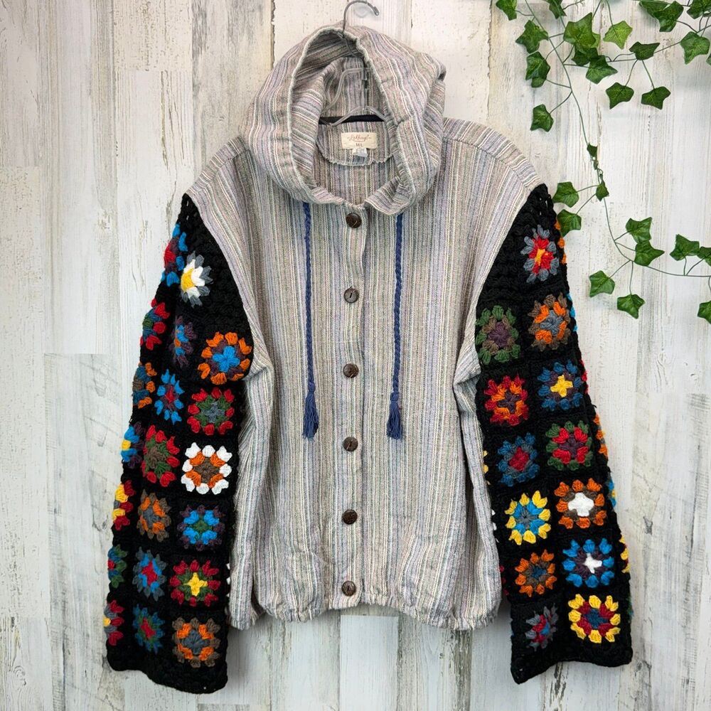 Lakhays hippie boho Woven Hoodie Jacket M/L 
Crochet Granny Square Sleeves